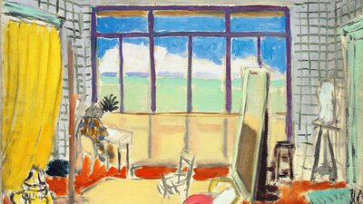 Henri Matisse, In the studio in Nice (Intérieur d'Atelier à Nice), 1929, Museum Berggruen, A landscape painting of art studio with large windows and a sea view