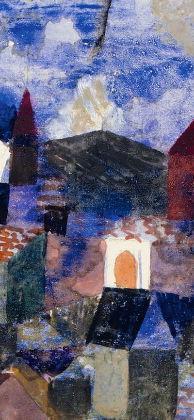 Paul Klee, Landscape in blue, 1917, Museum Berggruen A blue landscape painting with houses and squares of different shades