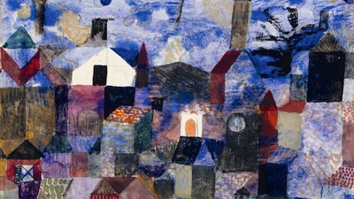 Paul Klee, Landscape in blue, 1917, Museum Berggruen A blue landscape painting with houses and squares of different shades