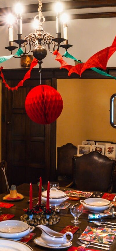 Calthorpes House dining room laid out with historical Christmas setting