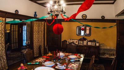 Calthorpes House dining room laid out with historical Christmas setting