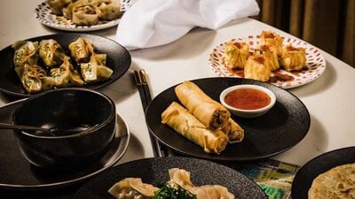 Platters of spring rolls, money bags and gyozas on a white table.