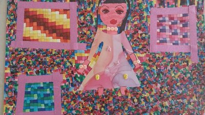 A simple drawing of a girl in a dress, on a background of millions of vibrant, contrasting squares.