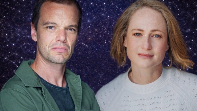 Constellations by Nick Payne a male and female look directly at the camera. a background of starry night sky