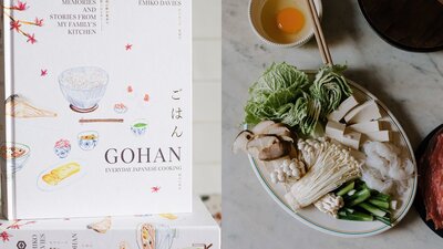 The cover of the cookbook Gohan and a photograph of ingredients