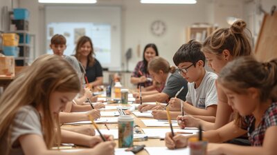 Children drawing and designing creative projects at a table during a hands-on workshop.