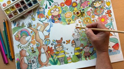 A hand holding a paintbrush illustrates a page of children's picture book characters.