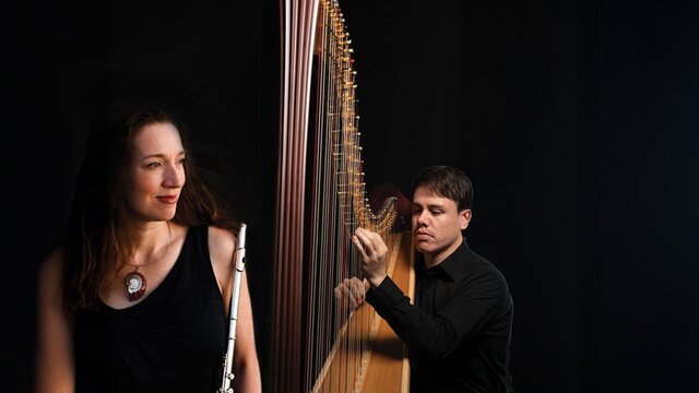 Flautist Sally Walker and harpist Rowan Phemister, 2025. Flautist Sally Walker and harpist Rowan Phemister