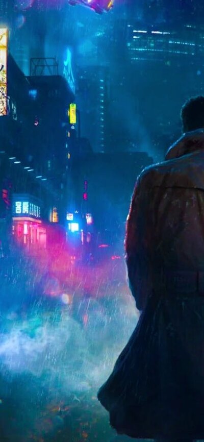 Blade Runner: The Final Cut (1982) Man in coat standing with his back to us in a cyberpunk scene