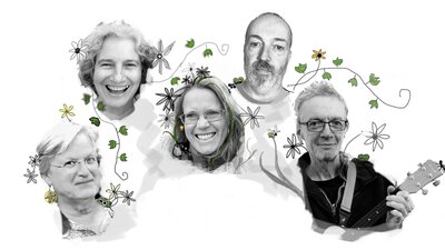 Five band members smiling with plants growing around them and creatures peeking out