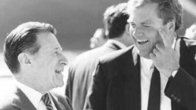 Portrait of Kim Beazley with Caspar Weinberger, U.S. Defence Secretary, 1988 A sepia photograph of Kim Beazley and Caspar Weinberger