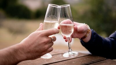 Two people clinking champagne glasses at Lanyon Homestead