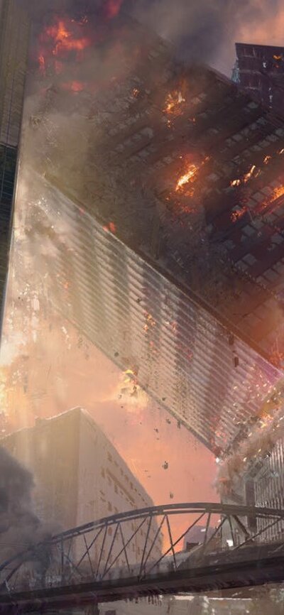 Image of a world on fire with buildings falling and explosions