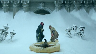 The Day After Tomorrow 7:00 PM Fri, Oct 9, 2026 Two men in snow pulling a blow up boat looking scared and cold