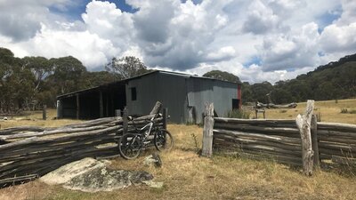 Lutons Crutching Shed An old woolshed in a grassy valley.