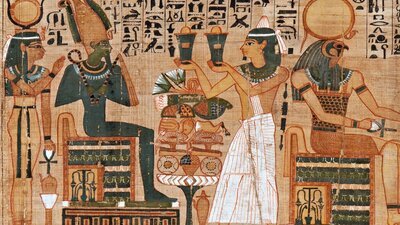 Detail of scroll depicting four Egyptian  figures with hieroglyphics running along the top section