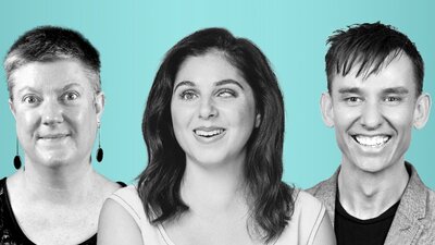 Black and white portraits of Nas Campanella, Christina Ryan and Wayne Herbert with a teal background