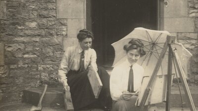 A sepia photograph of two women painting outside and the cover for the Double Act book