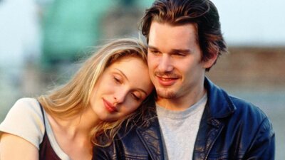 Double Feature: Before Sunrise + Before Sunset, 19 June, 2026 A couple pictured with the woman resting her head on the mans shoulder