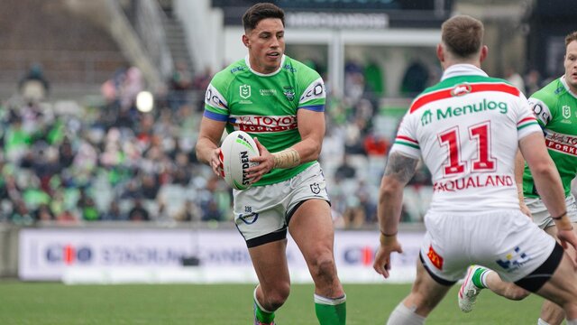 Canberra Raiders player Joseph Tapine running the ball.