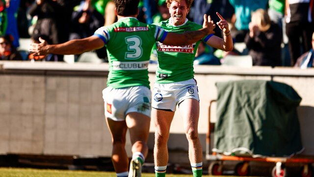 Canberra Raiders player Jed Stuart celebrating a try.