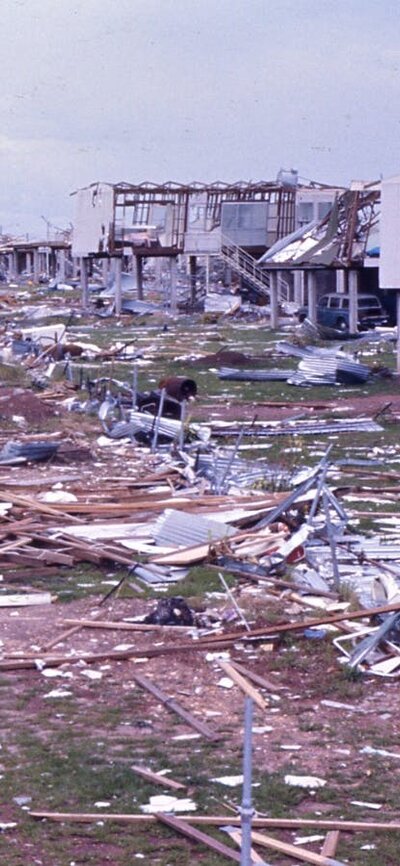 Destroyed land and housing after a natural disaster