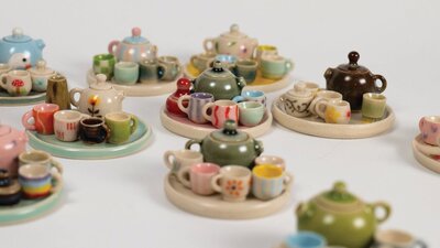Hamish Bassett, tiny teapots and teasets group 1, ceramics Hamish Bassett, tiny teapots and teasets group 1, ceramics