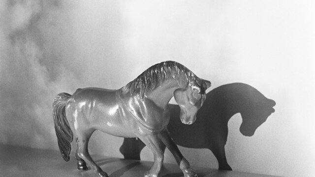 A black and white image of a toy horse