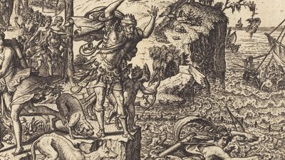 A mythical black and white illustration of people jumping into the sea