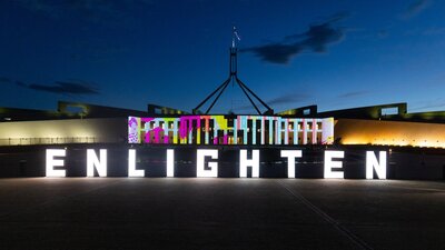 Enlighten letters displayed in front of Parliament House
