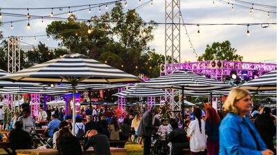 People enjoying food and drink in the Festival Hub