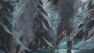 Euan Macleod painting of a mountain scene with a large figure and fire burning