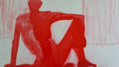 Red watercolour life drawing of a man from behind
