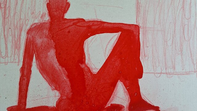 Steven Mark Holland, life drawing quick sketches (11) 2005 to 2010 Red watercolour life drawing of a man from behind