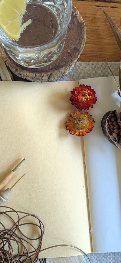 Art workshop samples. Hand stitched notebook with a gin and tonic