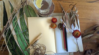 Art workshop samples. Hand stitched notebook with a gin and tonic