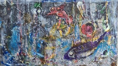 A painting of a purple fish on a blue background