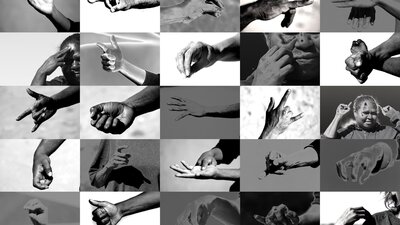 black and white grid of hand signs