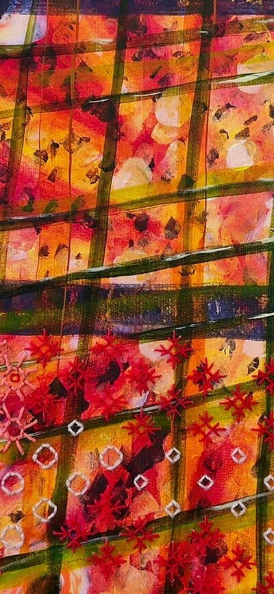 Abstract painting made of dots and lines with wool star shapes sewn in