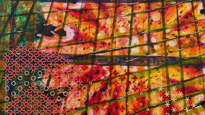Abstract painting made of dots and lines with wool star shapes sewn in