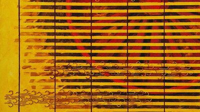 Yellow and red abstract painting made of straight lines, with wool shapes sewn on