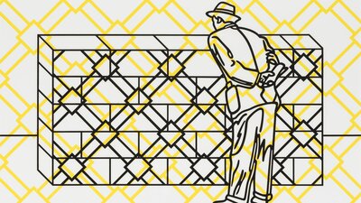 Peter Tyndall, A Person Looks At A Work Of Art... 1992. S. Taylor and P. Jones Collection Detail of yellow and black screen print by Peter Tynall, shows a man looking at a wall.