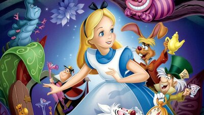 Animation of young girl with blonder hair, blue dress and bow in her hair, surrounded by animals