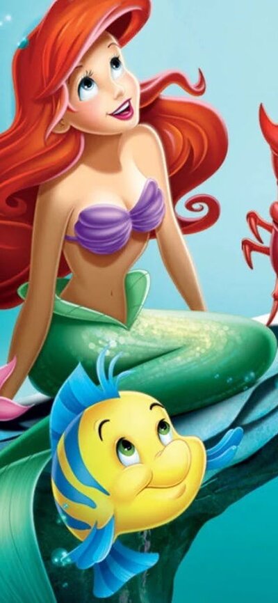 Animation of a mermaid under water with a crab and fish, all looking towards the sky