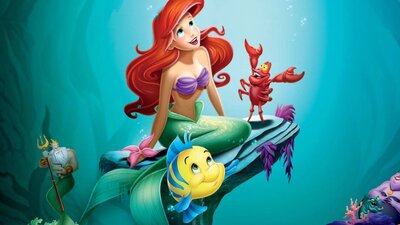 Animation of a mermaid under water with a crab and fish, all looking towards the sky
