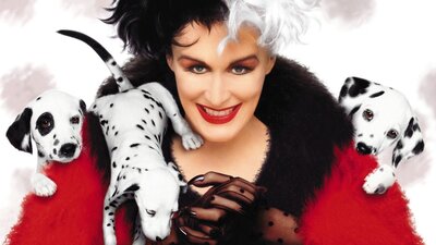 Woman with half black and half white hair with threedalmatian  puppies climbing over her