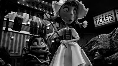 Black and white animation of young girl holding a stick looking fearful