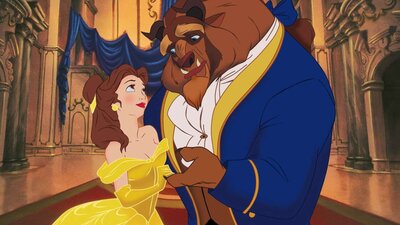 Animation of a young woman in yellow dress, dancing with a beast wearing a suit