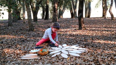 Girl sitting amongst fallen autumn leaves in Cork oak forest doing craft