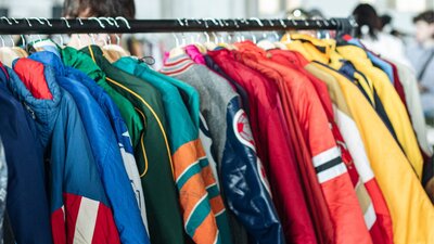 colourful rack of vintage jackets